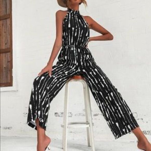 New Boho Sexy Summer Jumpsuit Halter Neck Sleeveless Chiffon Wide Leg Long Pant - Picture 4 of 11